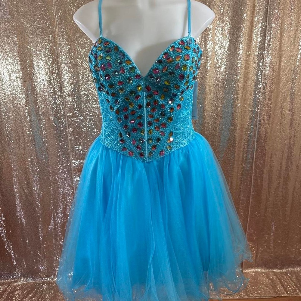 Poly USA Turquoise Rhinestone Corset Homecoming Mini Dress/Size XL
